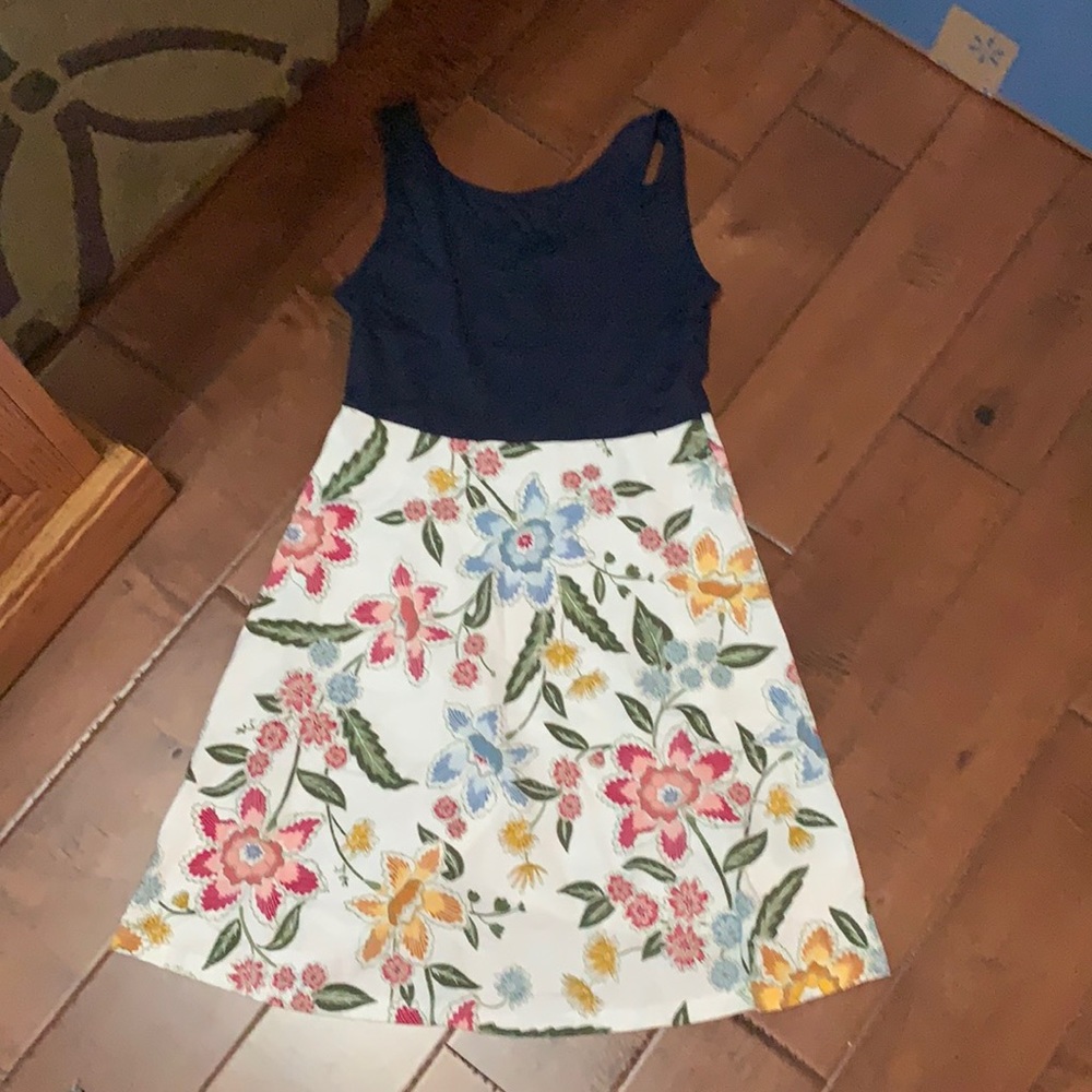 Dark blue dress with a fun patter at the bottom.